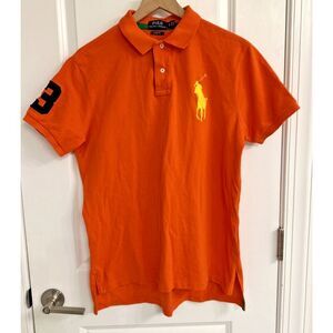 POLO Ralph Lauren Sze Large Orange Mesh Big Pony Short Sleeve Navy #3 Custom Fit